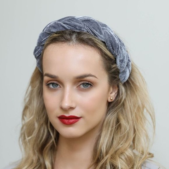 LULA Velvet Braided Twist Headband in Gray - Picture 2 of 3